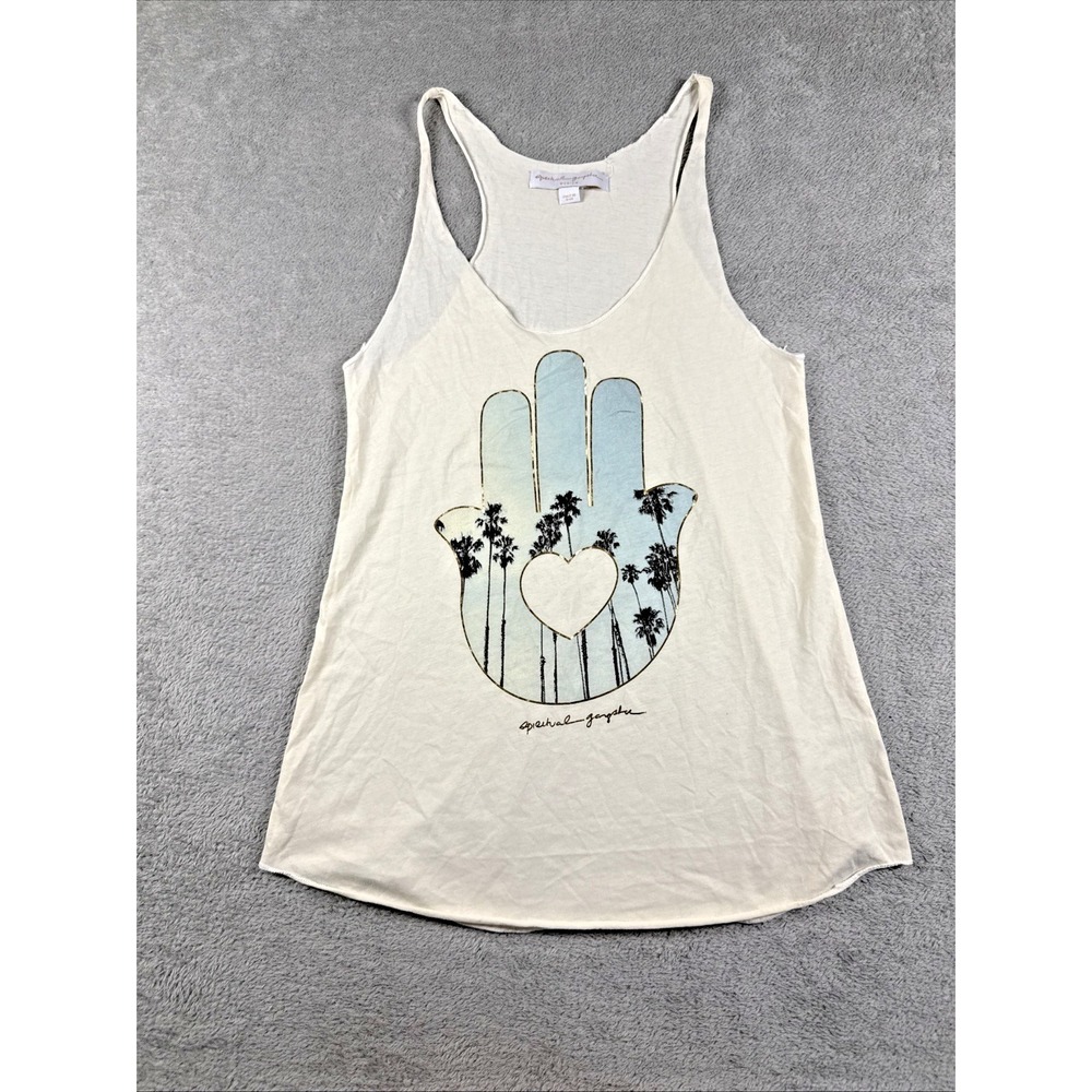 Spiritual Gangster Women's Tropical Hamsa Hand Print Rocker Tank White Medium